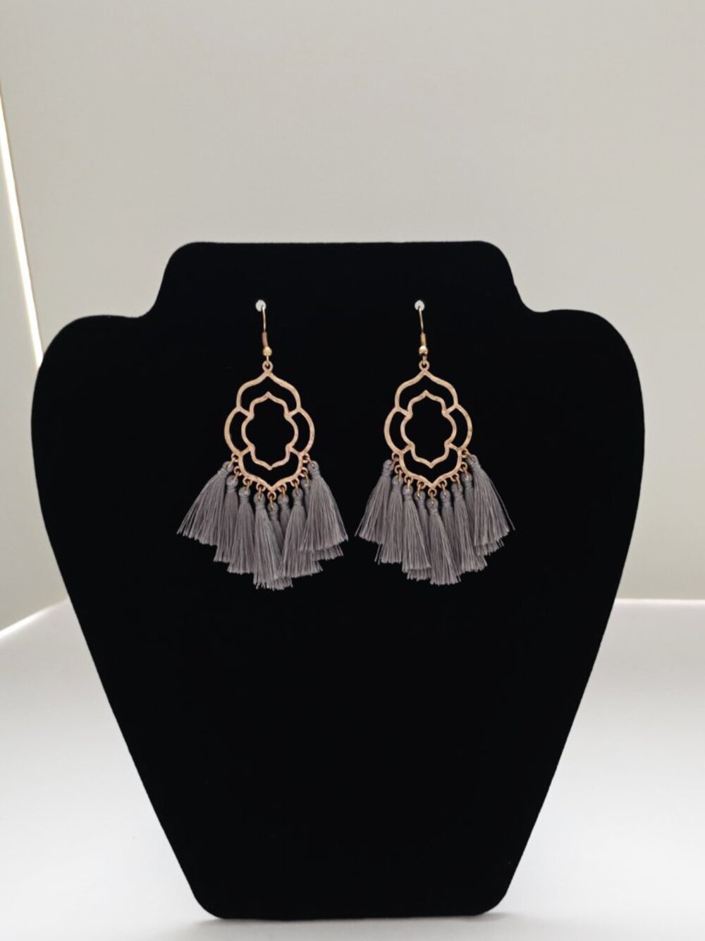Gray Tassel Drop Earrings Gold Moroccan Filigree Boho Statement